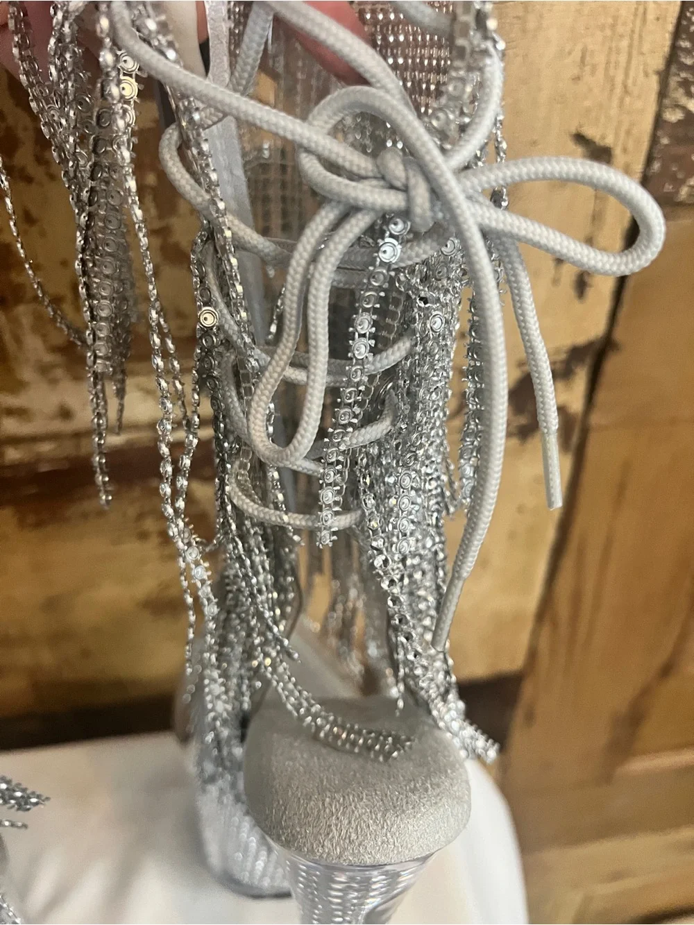 Pleaser Crystal Fringe Platform Heels | Rhinestone Clear Silver | NIB Size 8
